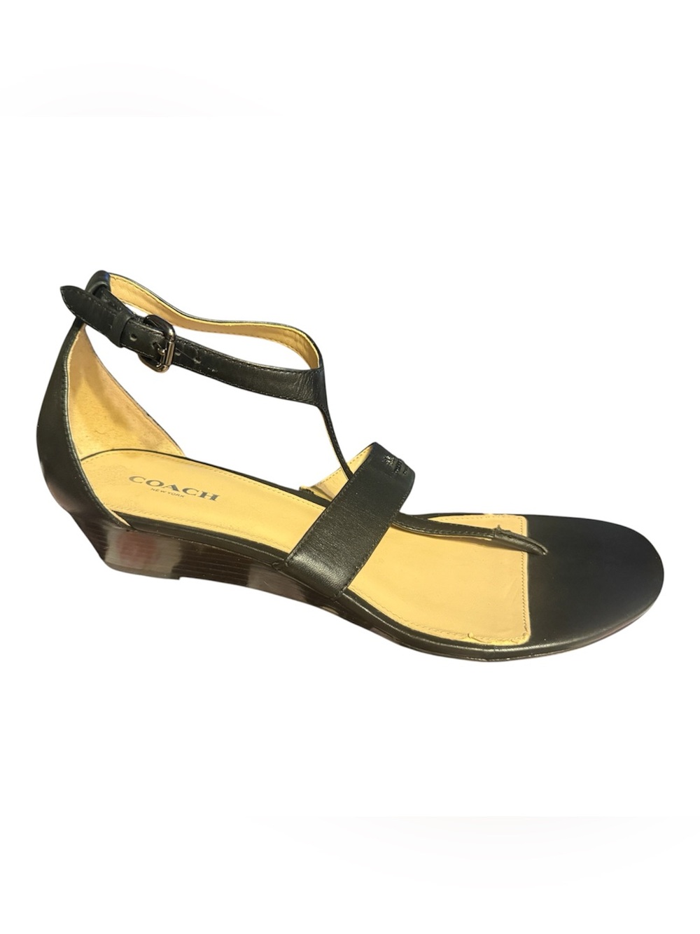 Coach Vienna A01198 Black Leather T Strap Wedge Sandals Women’s Size 9B